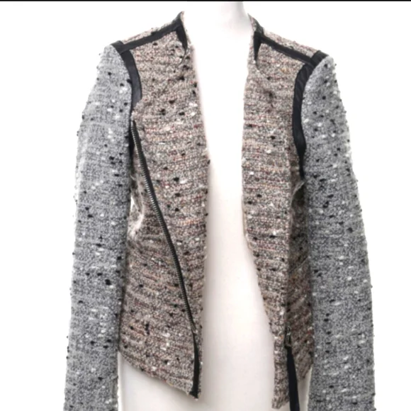 Sandro Tweed Boucle Leather Trim Collarless Moto Jacket - Picture 4 of 13